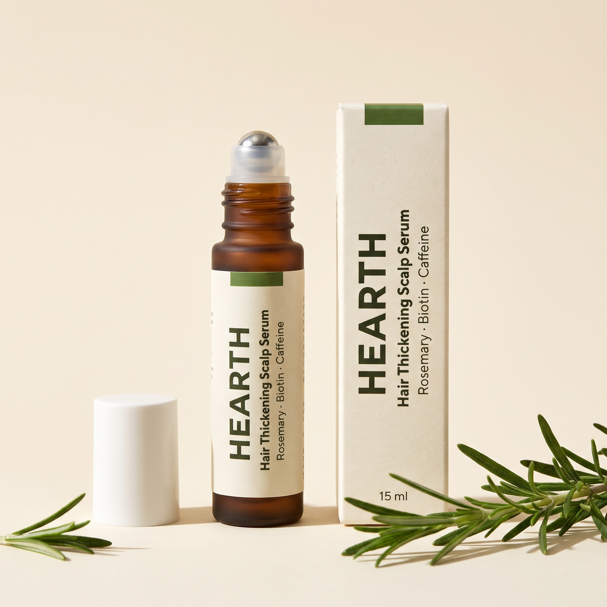Hearth Hair Thickening Scalp Serum, 15 ml roll-on bottle and box